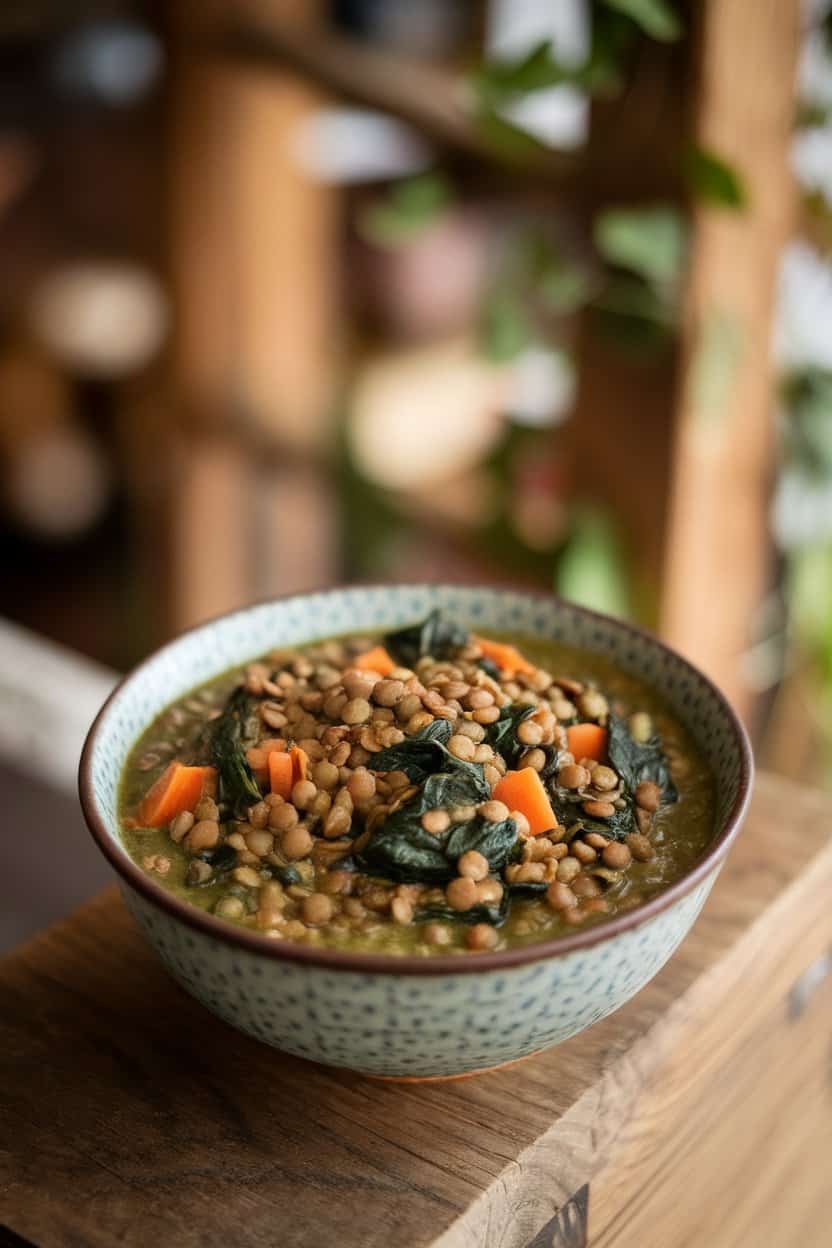 Photo of a bowl filled with cooked green lentil stew studded with spinach leaves and diced carrots, shot indoors with soft lighting. No text or logos.