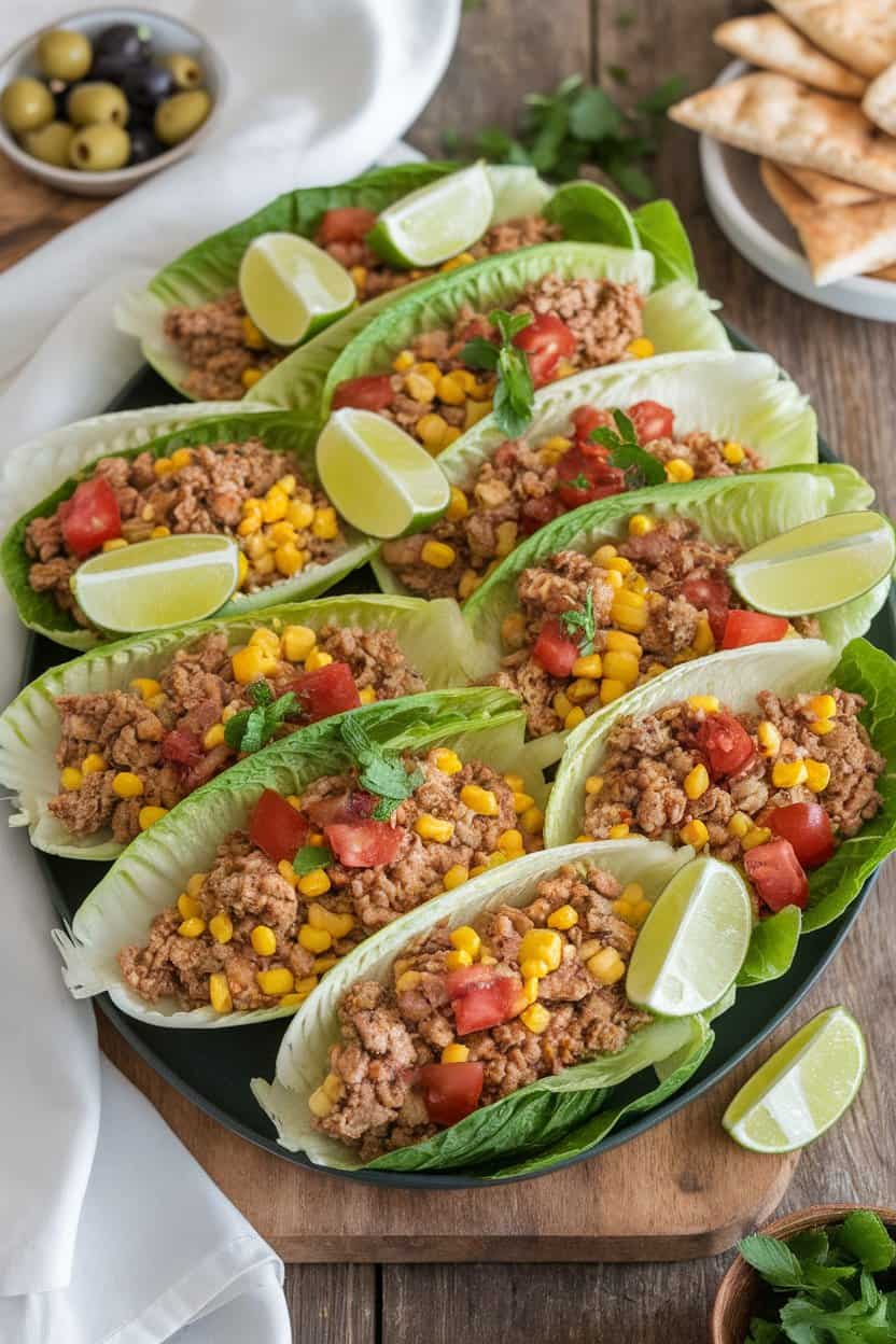 Photo taken indoors of crisp romaine leaves filled with seasoned ground turkey, corn, and diced tomatoes, all arranged on a platter with lime wedges nearby. No text or logos present.