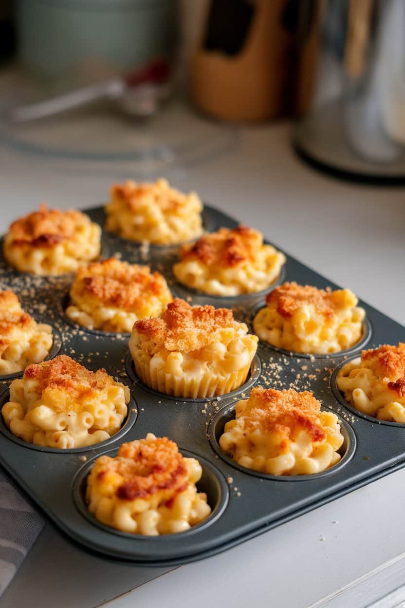 Muffin pan indoors showing cheesy mac & cheese cups with browned tops, a few sprinkled with breadcrumbs, no logos.