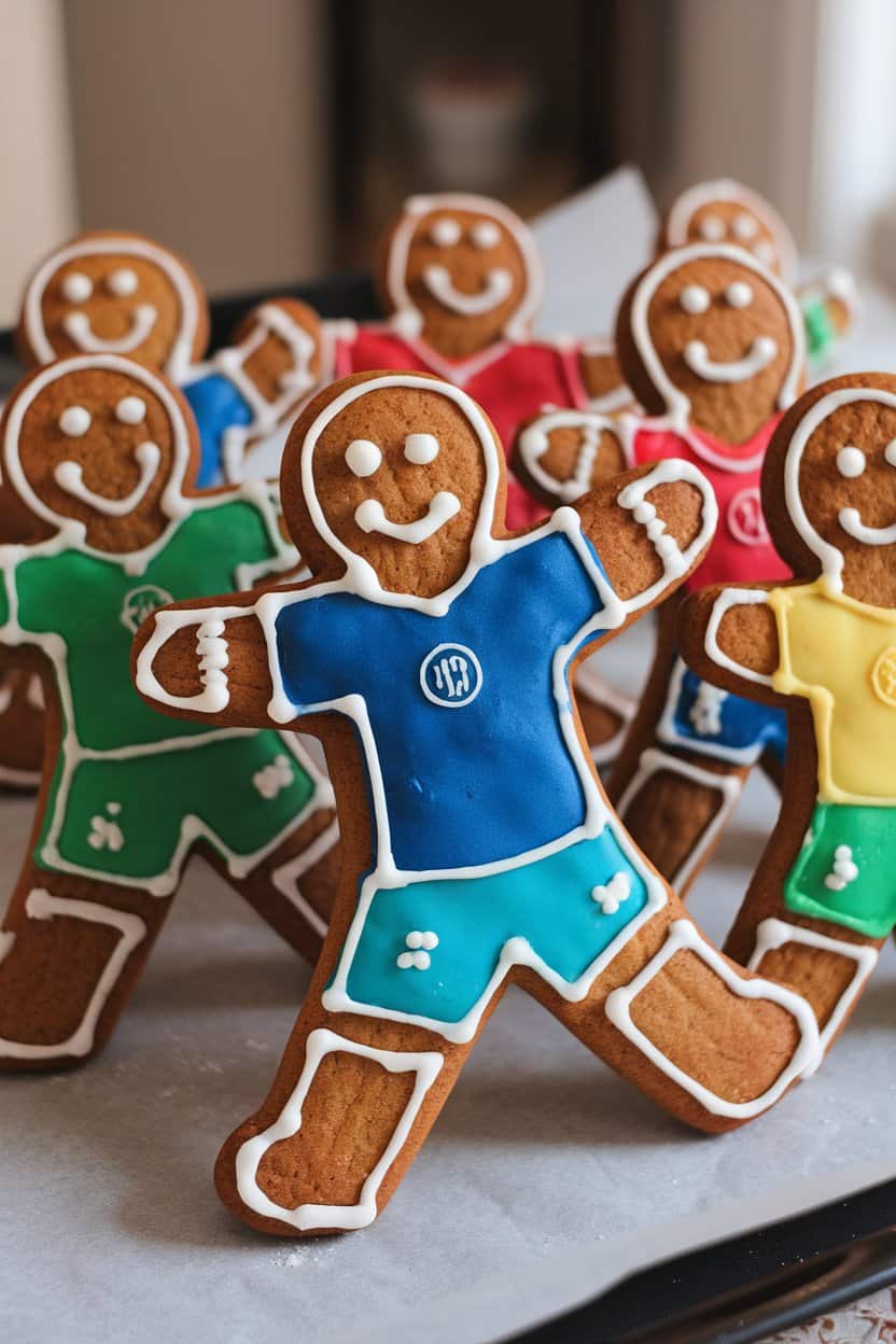 Photo of gingerbread men in colorful jerseys striking victory poses, iced details crisp, indoors on parchment. No text or logos included.