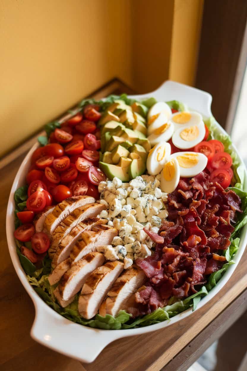 Photo of a warmly lit indoor tabletop holding a large white serving dish filled with a composed Cobb salad—neat rows of chopped romaine, grilled chicken breast pieces, diced avocado, halved cherry tomatoes, hard-boiled egg wedges, blue cheese crumbles, and crispy bacon bits. Shot from a slight overhead angle, no text or logos anywhere in the scene.