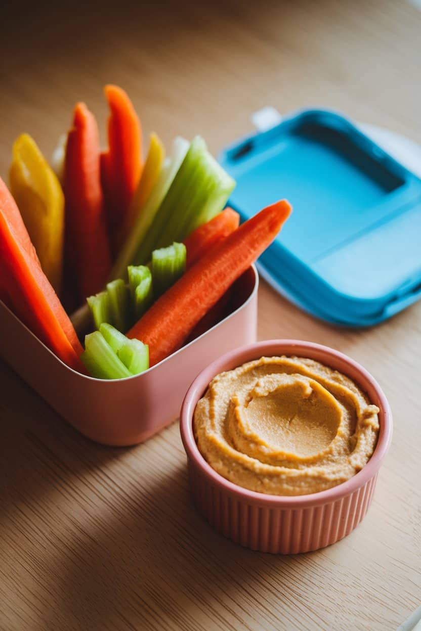 Indoor photo showing a bento box filled with colorful carrot, celery, and bell-pepper sticks next to a small cup of creamy hummus; no text or logos present.