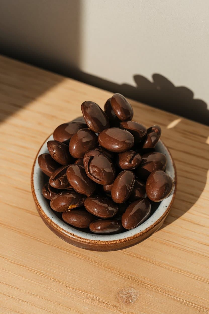 A small indoor ceramic dish piled with glossy chocolate-coated espresso beans, overhead light highlighting their shine. No logos present.