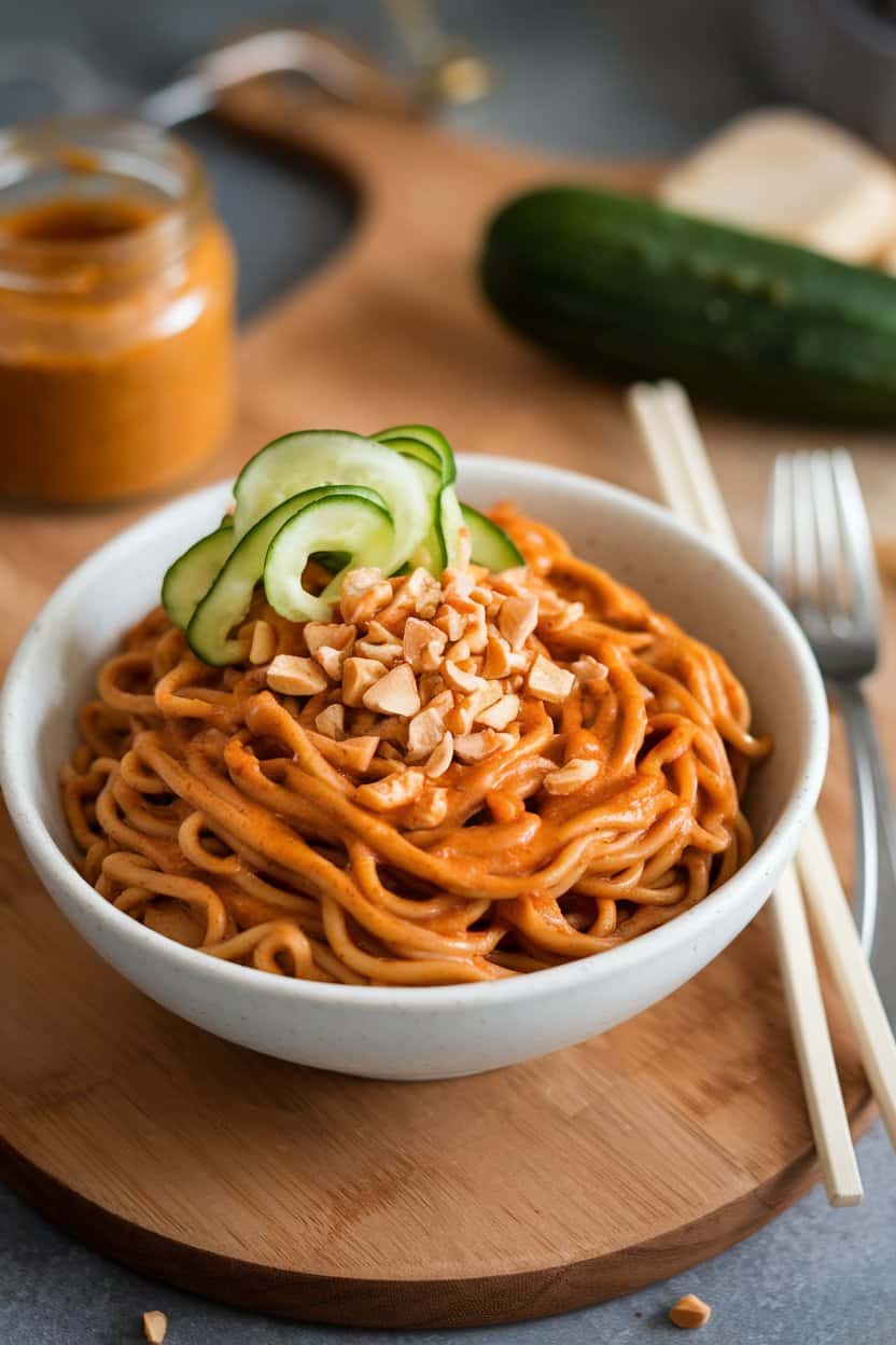 An indoor shot of a bowl of noodles coated in peanut sauce, garnished with cucumber ribbons and chopped peanuts. No text or logos. Photo only.