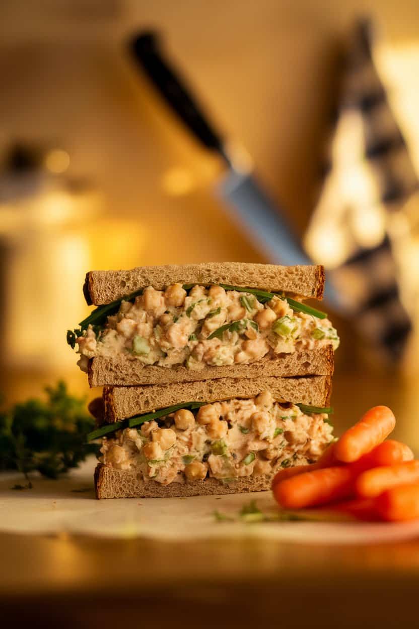 Photo of a warmly lit indoor countertop featuring a whole-grain sandwich cut into halves, revealing creamy mashed chickpea salad with diced celery and fresh herbs, set beside a small pile of baby carrots. No text or logos anywhere in the scene.