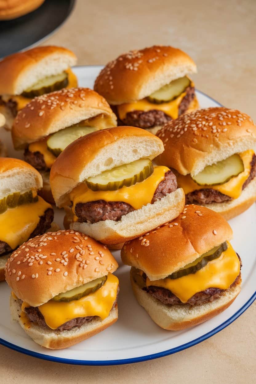 An indoor tray of small sesame buns filled with melted-cheese burgers, pickle slices peeking out, no text or logos.