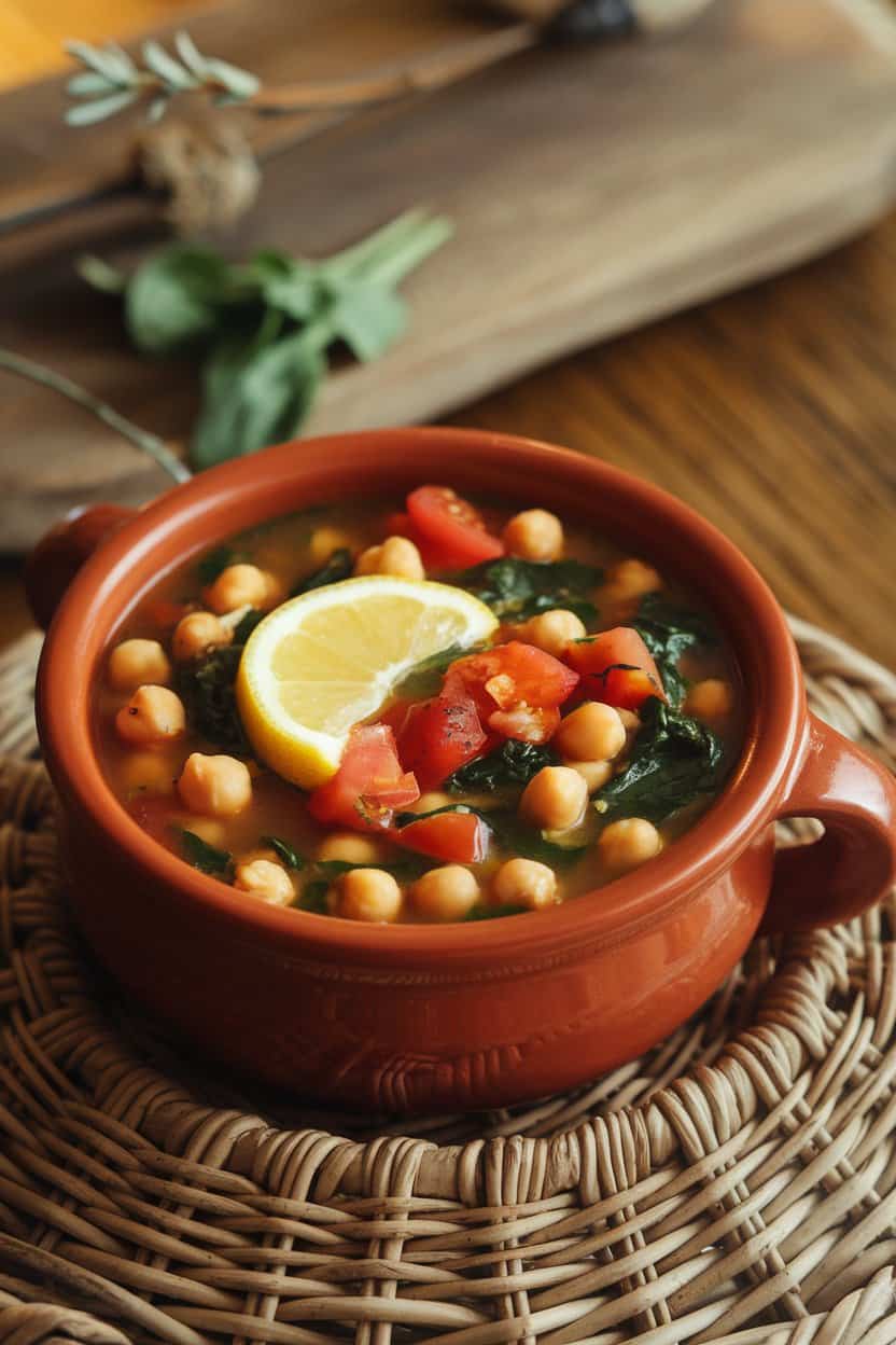 Indoor photo showing a terra-cotta bowl of chunky chickpea soup with diced tomatoes, spinach, and lemon wedge garnish. No text or logos.