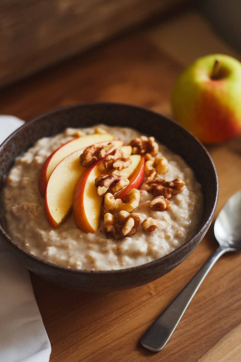 Indoor photo of a bowl of creamy oatmeal topped with sautéed cinnamon apples and chopped walnuts; cozy lighting, no text or logos