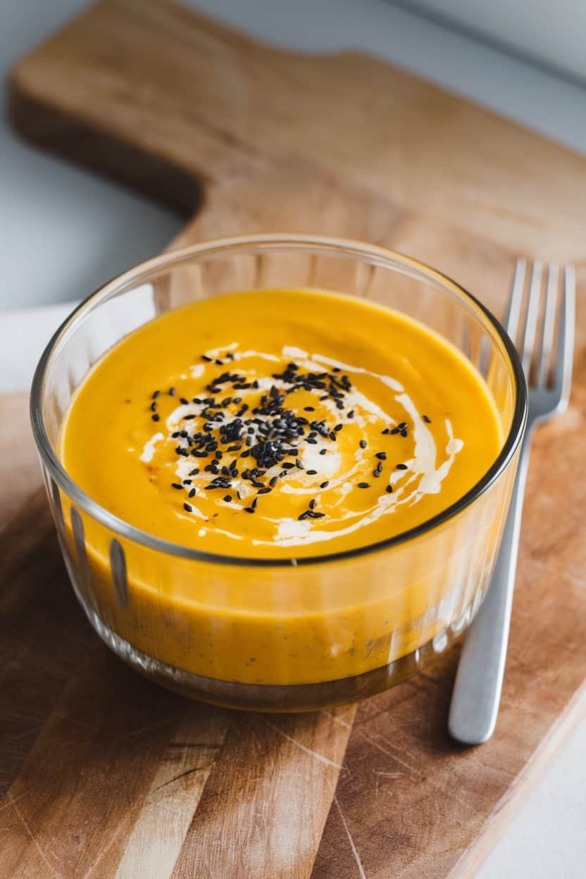 Indoor photo of sunshine-yellow cauliflower soup in a modern glass bowl, sprinkled with black sesame seeds. No text or logos.