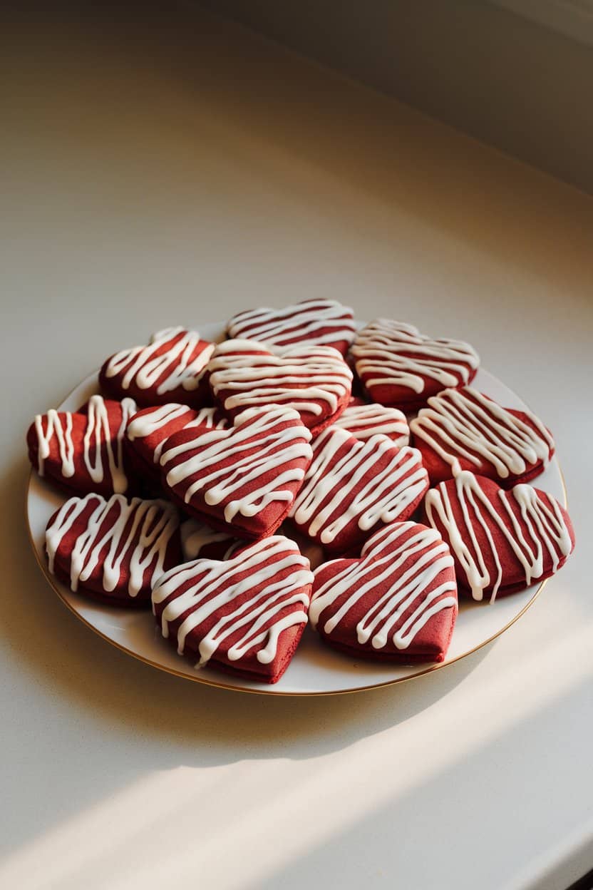 Photo: A plate of heart-shaped red velvet cookies topped with a drizzle of cream cheese icing, all arranged on an indoor countertop under soft light. No text or logos on the plate or background.