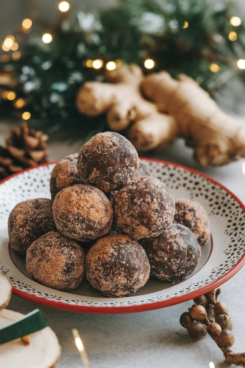 Indoor holiday-style plate with dark spiced protein balls rolled in cinnamon sugar, ginger root in background. No text or logos. Photo only.