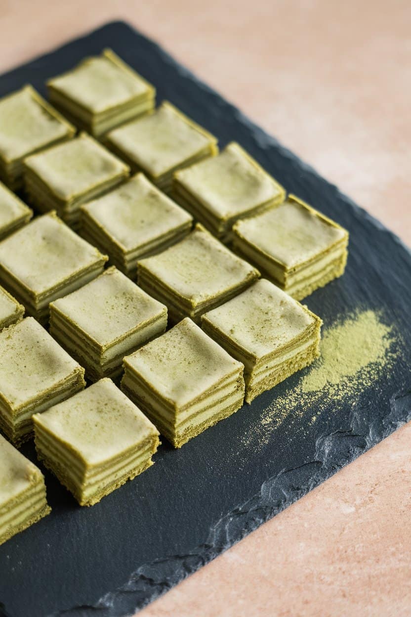 Indoor photo of small square matcha energy bites on a slate plate, light green hue visible; no text or logos anywhere.
