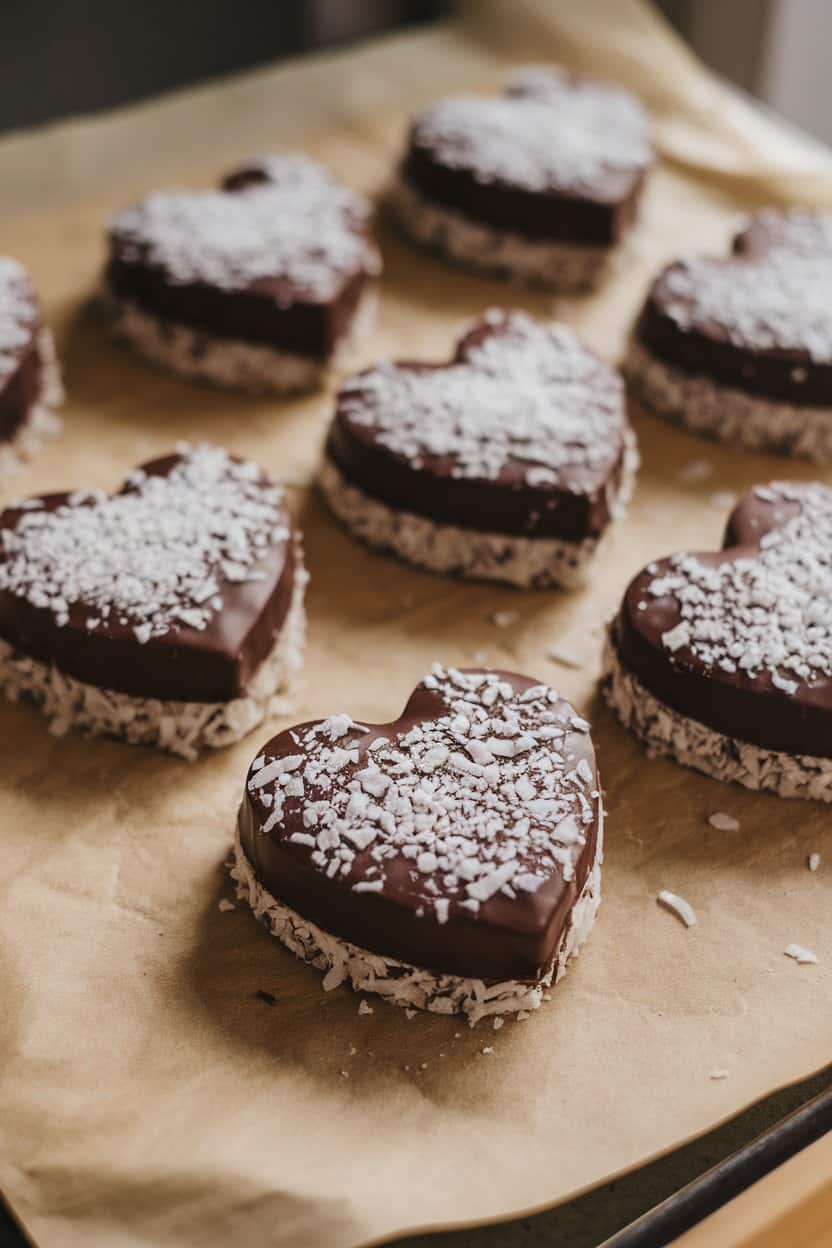 Photo: Heart-shaped coconut bars coated in dark chocolate, set on parchment indoors, no text or logos.
