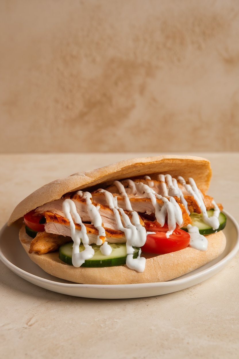 Indoor counter showing an open pita stuffed with grilled chicken strips, cucumber, tomato, and tzatziki sauce. Photo, no text or logos.