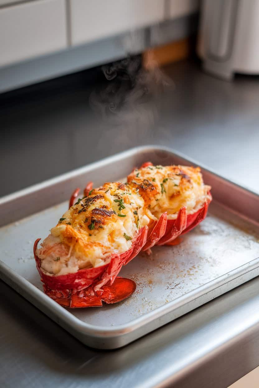 An indoor kitchen counter displaying split lobster tails topped with golden browned cheese and herbs on a small baking tray, steam gently rising. No text or logos; photo only.