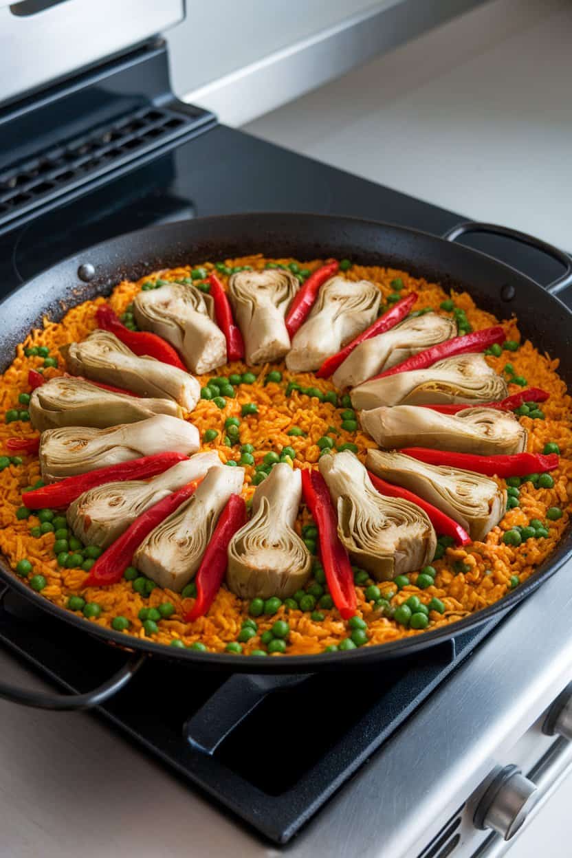 A paella pan on an indoor stovetop with saffron-speckled rice, artichoke hearts, red peppers, and peas arranged in rings, no text or logos.