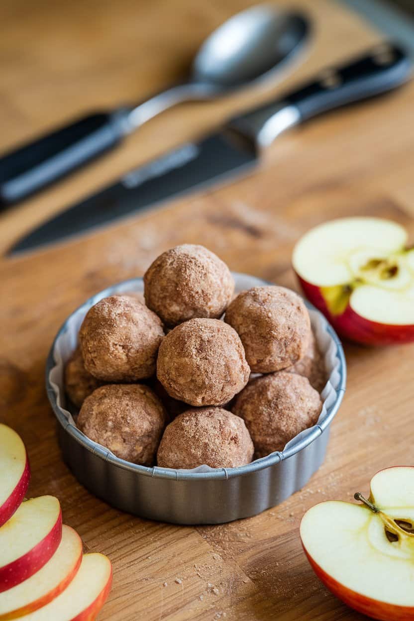 Indoor scene with cinnamon-dusty protein balls arranged in a small pie tin, thin apple slices nearby. No text or logos. Photo only.