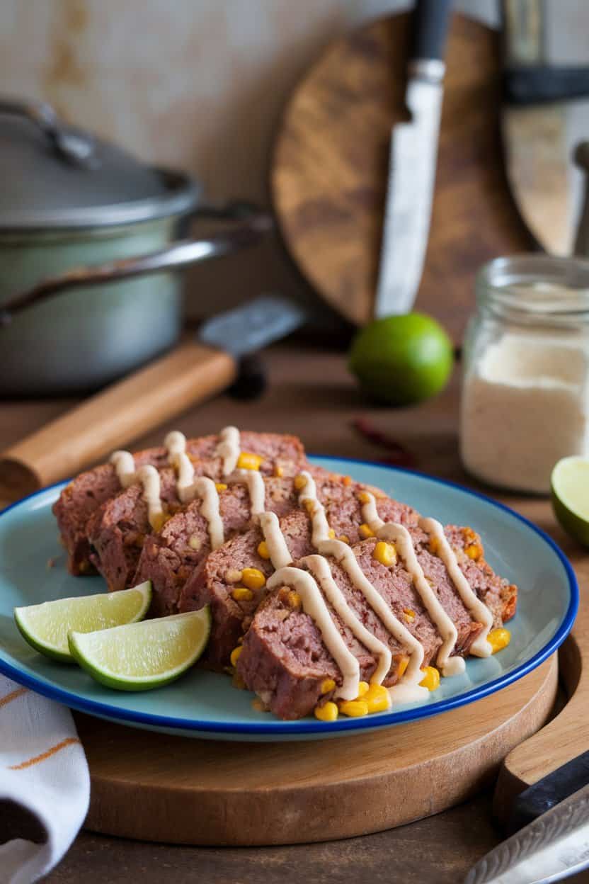 Indoor plate holding meatloaf slices flecked with corn and beans, drizzled with chipotle-lime crema, lime wedges nearby. No text or logos. Photo only.