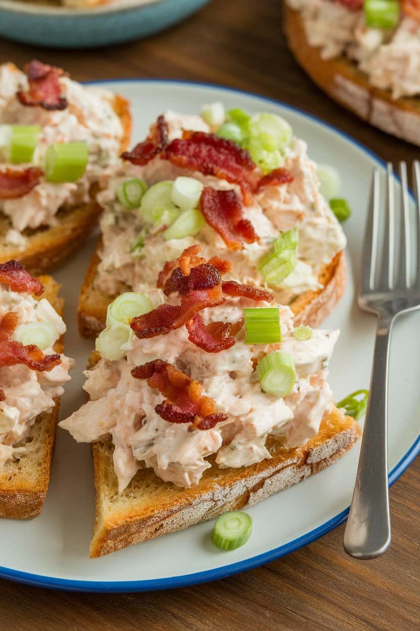 Indoor photo of creamy chicken salad loaded with crispy bacon bits and sliced scallions, spooned onto buttered toast triangles—no text or logos