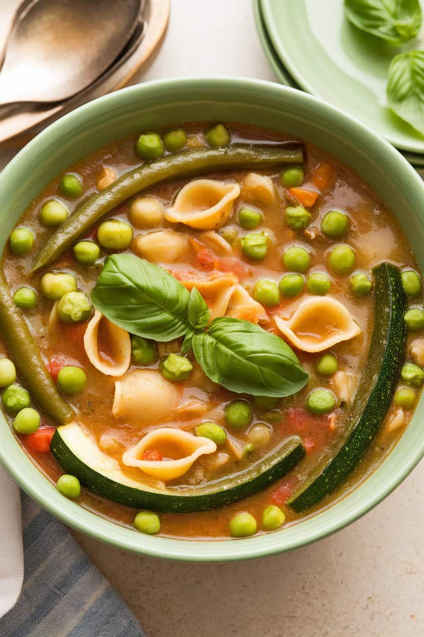 Indoor photo of a green-hued bowl of minestrone packed with zucchini, green beans, peas, and small pasta shells, topped with basil leaves. No text or logos.