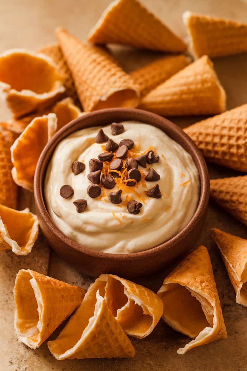 Photo: Bowl of creamy cannoli dip with mini chocolate chips and orange zest on top, surrounded by broken waffle cone pieces, indoor lighting. No text or logos.