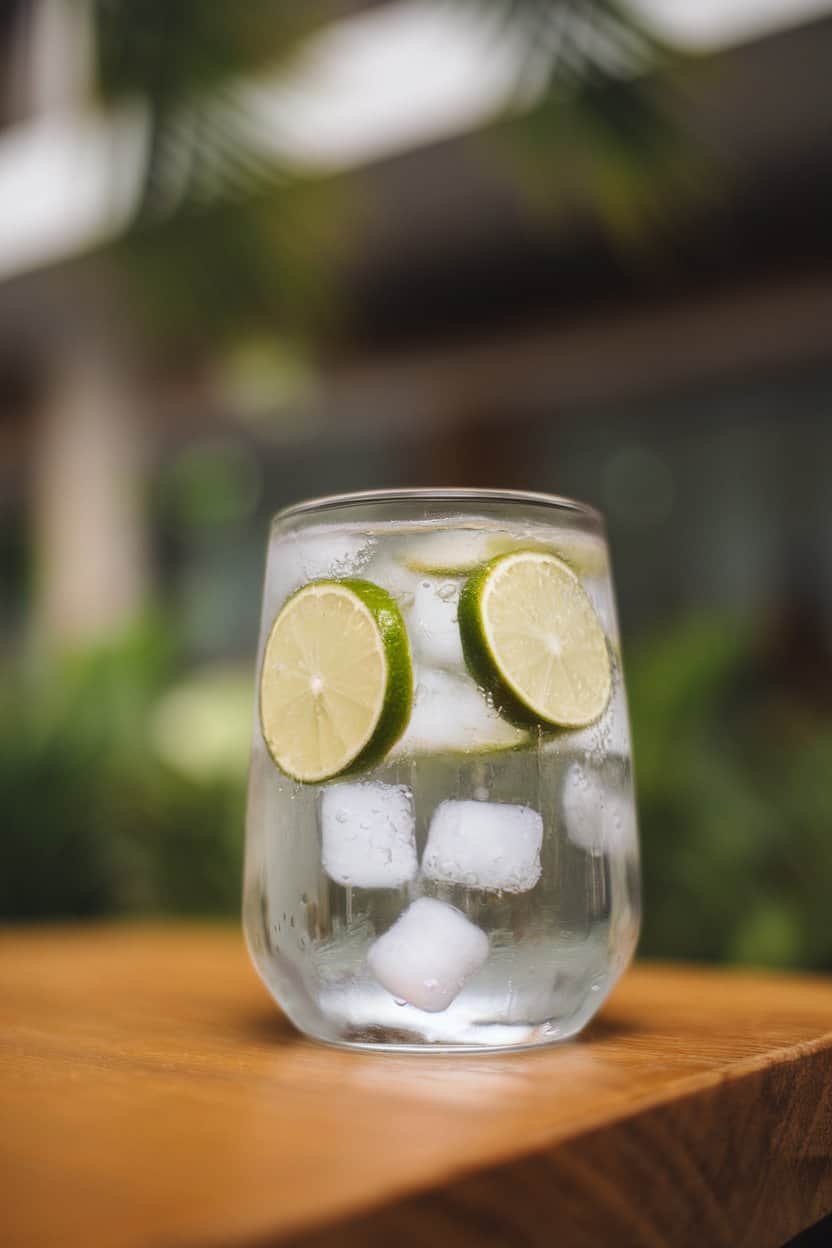 Indoor photo of a simple tumbler holding clear coconut water with floating lime wheels and small ice cubes; no logos or text.