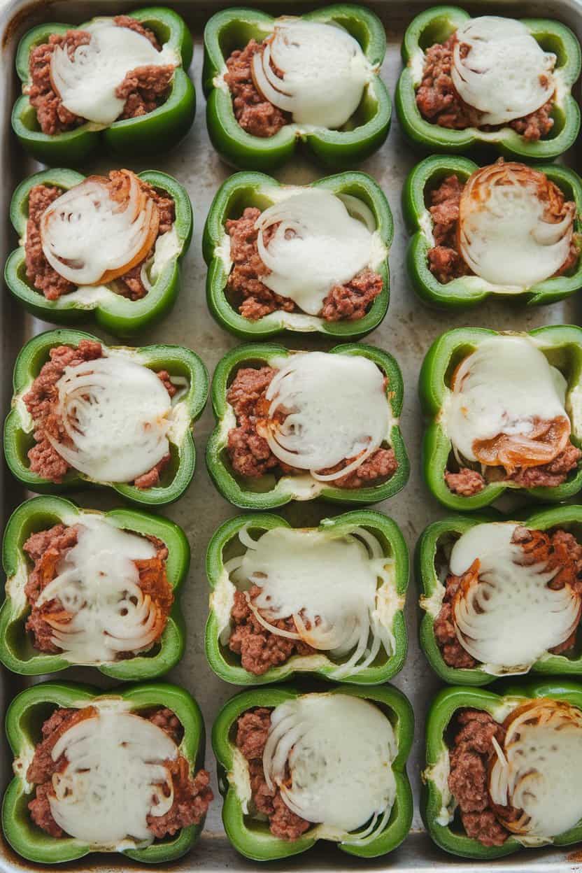 An indoor baking sheet with halved green peppers filled with ground beef, sautéed onions, and provolone melted on top. No text or logos.