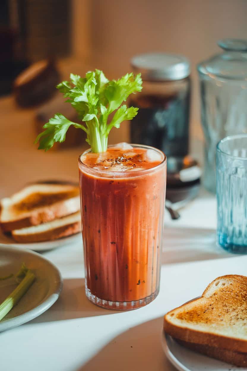 Indoor brunch scene photo of a celery-garnished tall glass filled with thick tomato juice mixture and ice, pepper flecks visible; no text or logos.