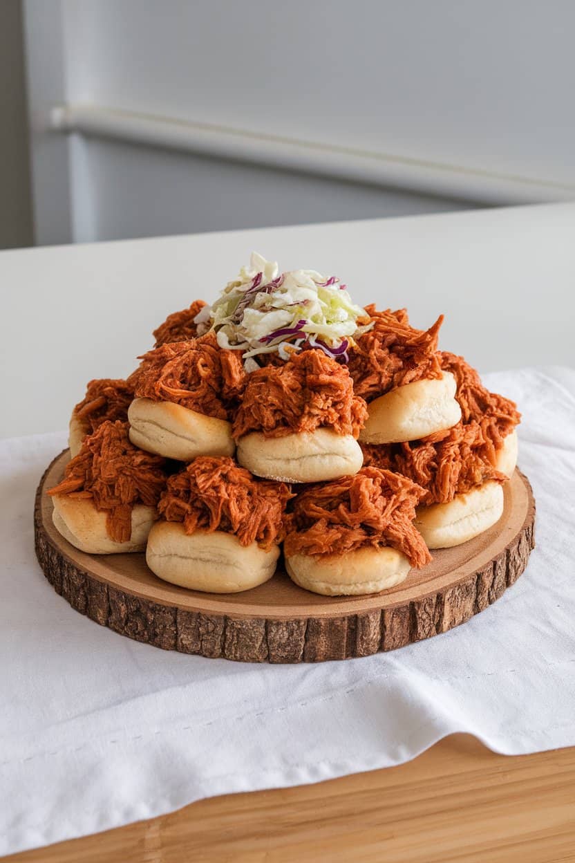 An indoor serving board with small buns piled high with saucy shredded jackfruit resembling pulled pork, a sprinkle of slaw on top. No text or logos. Photo only.