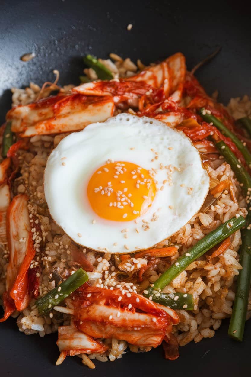 Indoor wok scene of kimchi fried rice topped with a sunny-side egg and sesame seeds. Photo, no text or logos.