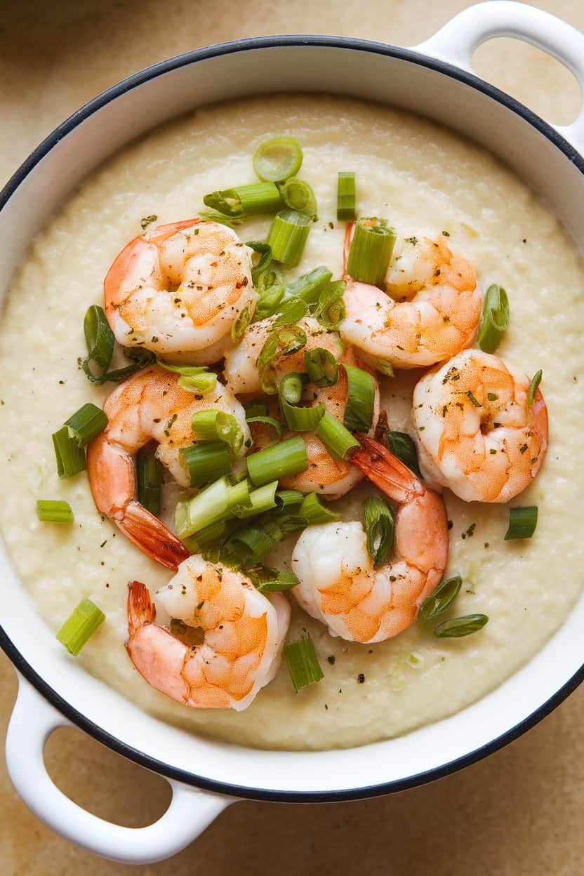 Indoor photo of a bowl of creamy cheddar grits topped with seasoned, cooked shrimp and chopped scallions. No text or logos anywhere.