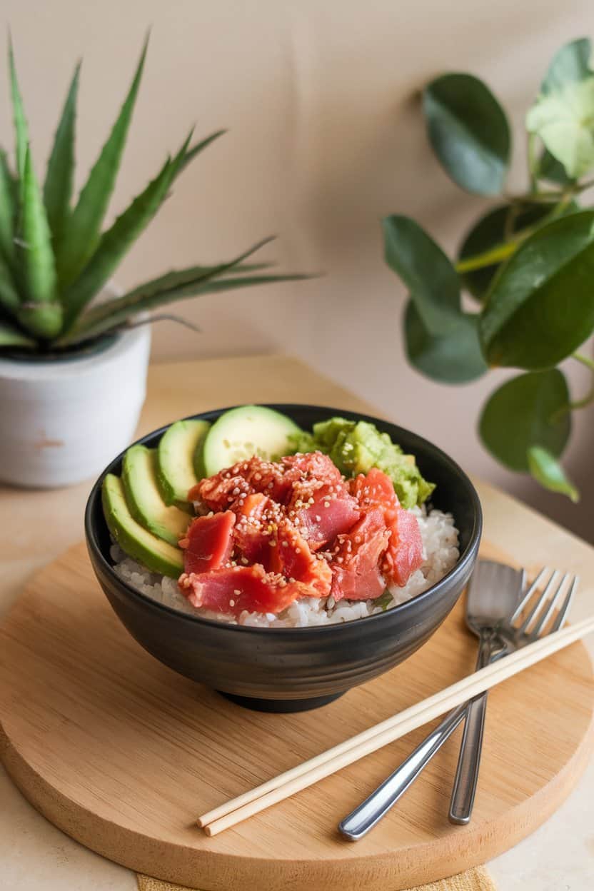 Indoor photo of a rice bowl topped with cooked ahi tuna flakes mixed in spicy mayo, avocado slices, cucumber, and sesame seeds. No text or logos present.
