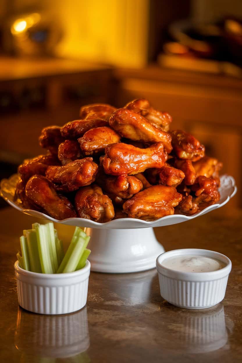 Indoor kitchen island with a white platter piled high with glossy, orange-red cooked chicken wings; a small ramekin of celery sticks and a cup of ranch dressing nearby; warm lighting; no text or logos.