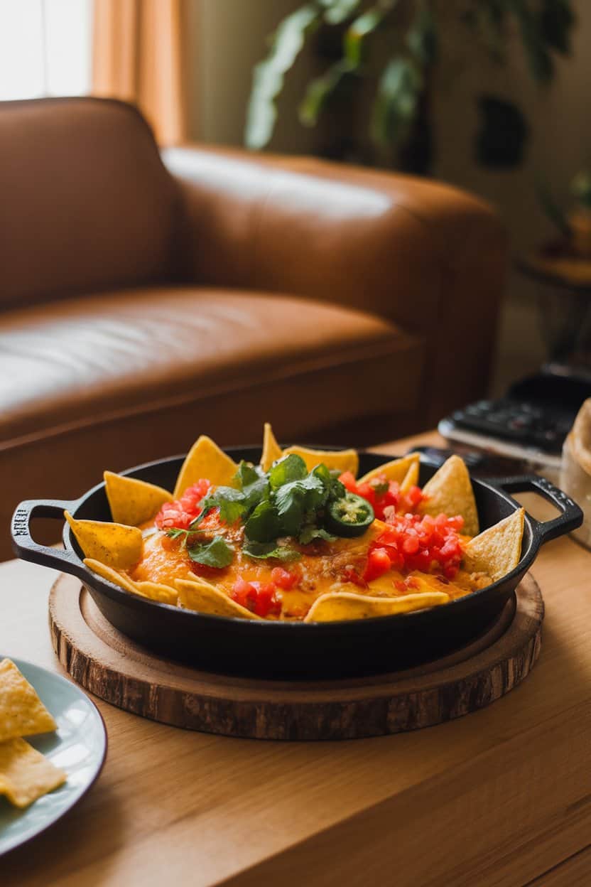 Warmly lit indoor coffee table set for game viewing, showcasing a cast-iron skillet filled with tortilla chips, melted cheese, jalapeños, diced tomatoes, and cilantro; no text or logos.