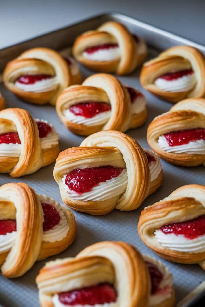 Photo: Twisted puff pastry danish filled with strawberry jam and cream cheese, arranged on a baking sheet indoors. No text or logos.