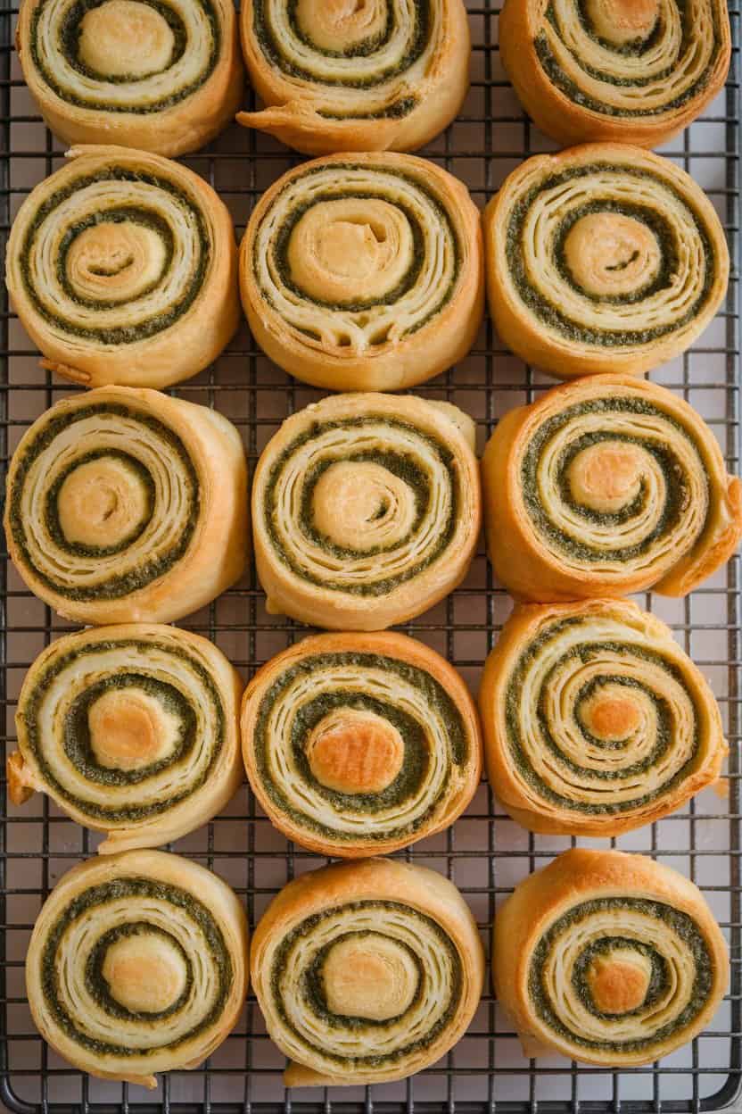 An indoor bakery rack with spiral puff pastry pinwheels streaked with green basil pesto, cheese melted in golden layers. No text or logos.