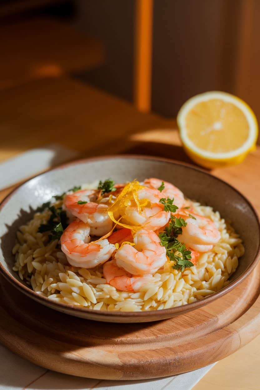 Photo of a shallow bowl of cooked orzo pasta topped with sautéed shrimp, parsley, and lemon zest, taken indoors under warm light. No text or logos.