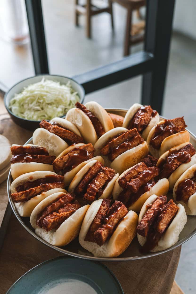An indoor platter of mini buns filled with saucy BBQ tempeh strips, shredded cabbage slaw beside, no text or logos.