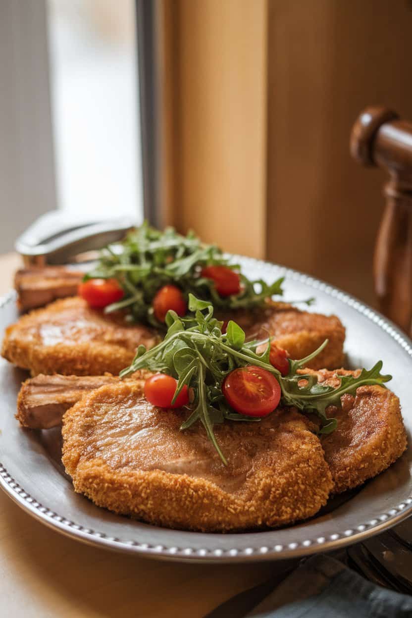 A warmly lit indoor platter presenting breaded pork chops fried to golden brown, topped with a light arugula and cherry tomato salad. No logos or text. Photo only.