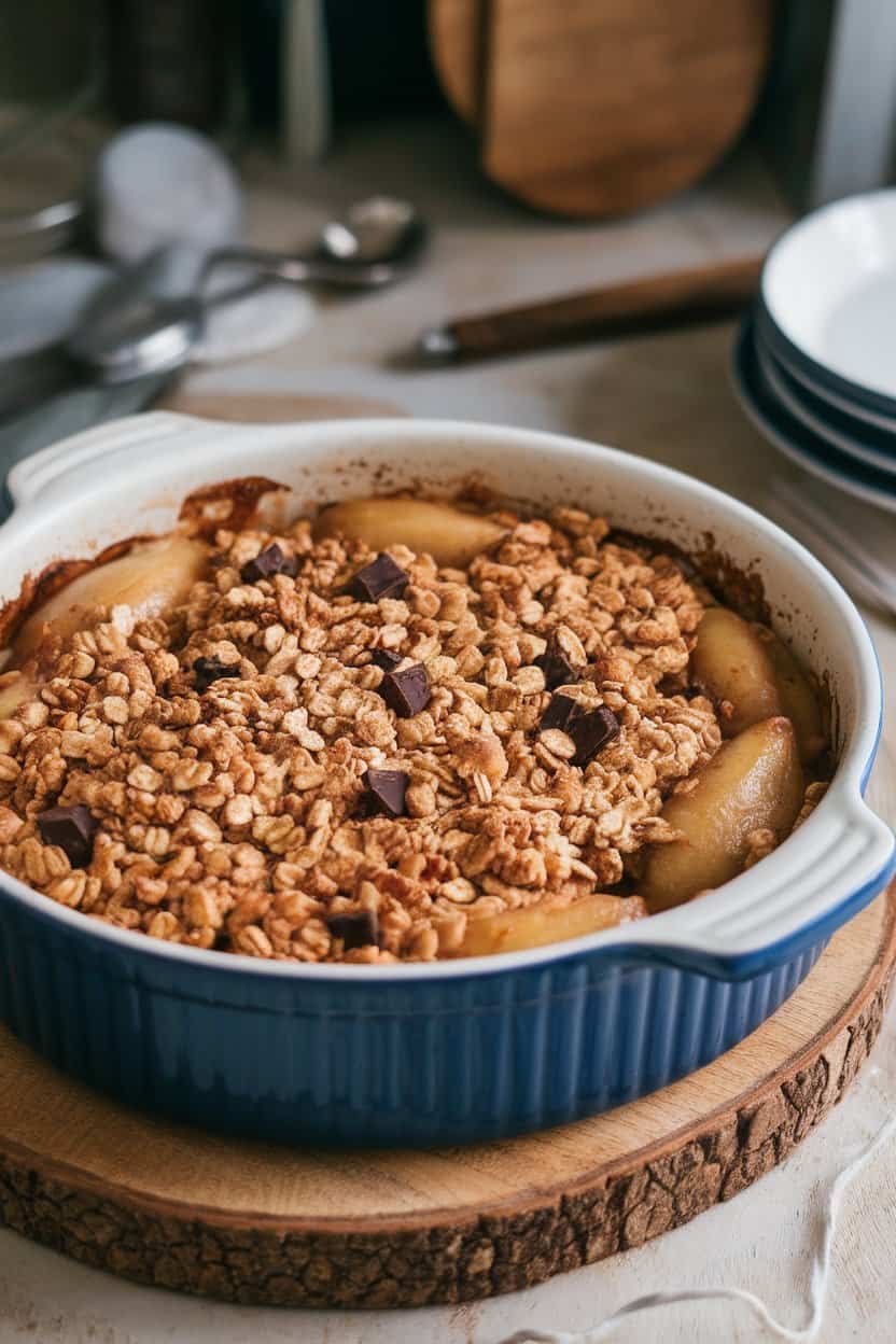 An indoor oven-to-table ceramic dish showing bubbling pear filling beneath a crunchy oat crumble, with dark chocolate chunks visible; no text or logos.