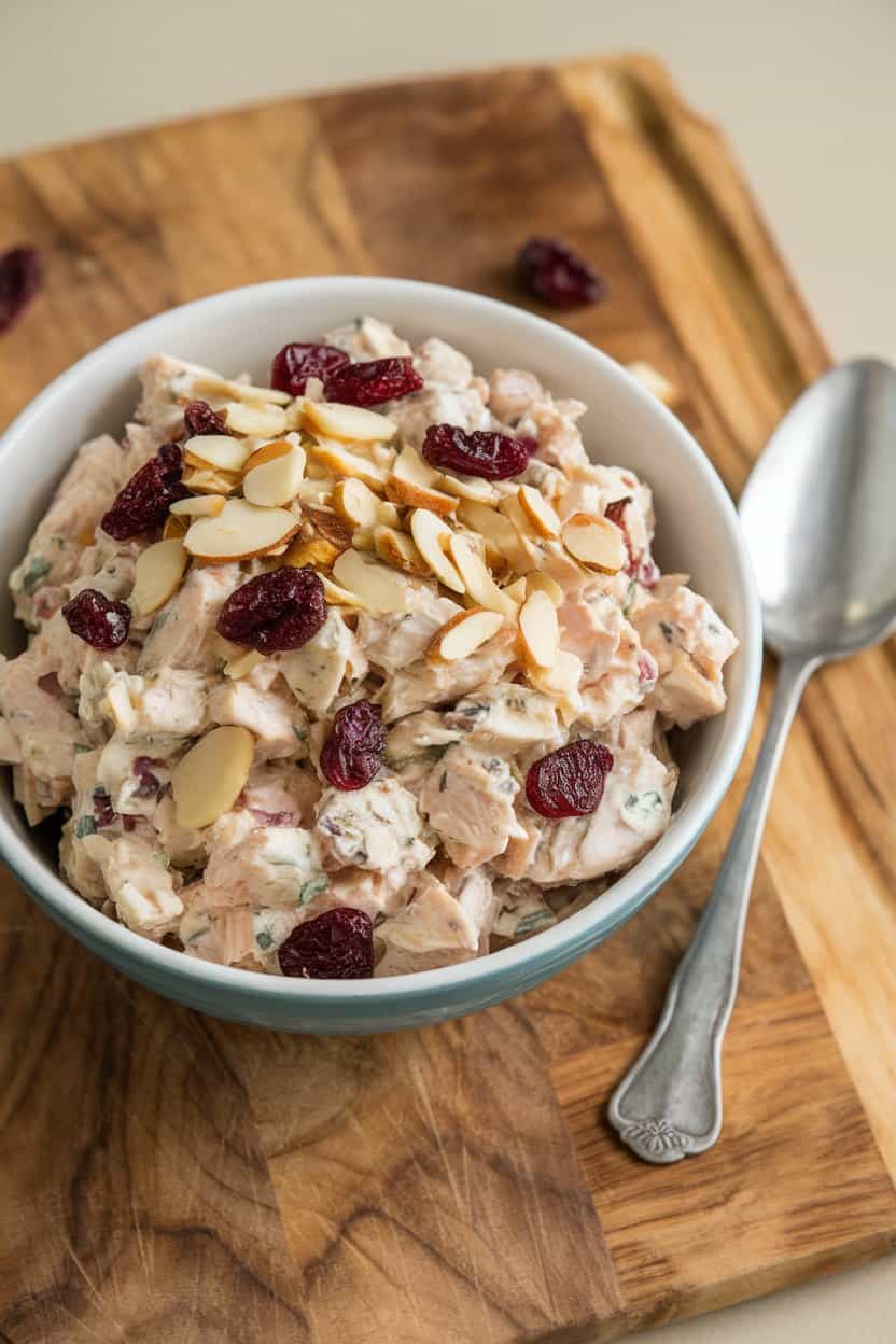 Indoor photo of a bowl of chicken salad dotted with dried cranberries and sliced almonds, spoon ready; bright kitchen light, no text or logos