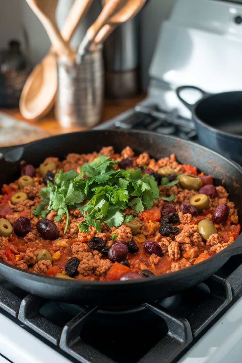 Indoor stovetop scene featuring a skillet of turkey picadillo with olives, raisins, and tomato sauce, garnished with chopped cilantro. No logos or text.
