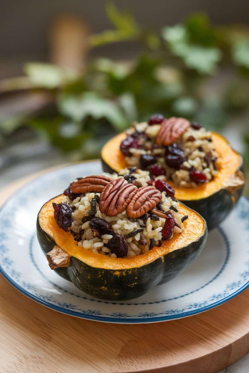 An indoor plate with halved roasted acorn squash filled with wild rice, cranberries, and pecans, no text or logos.