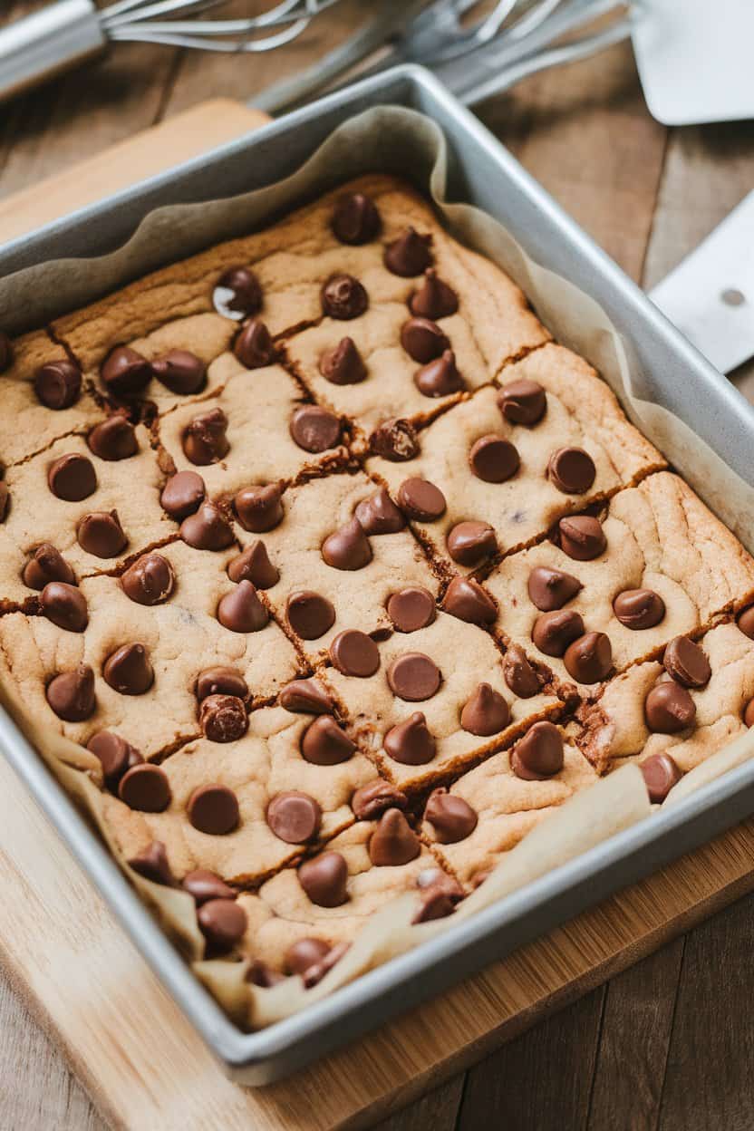 Indoor baking dish of thick chocolate chip cookie bars cut into squares, melty chips visible, no logos anywhere.