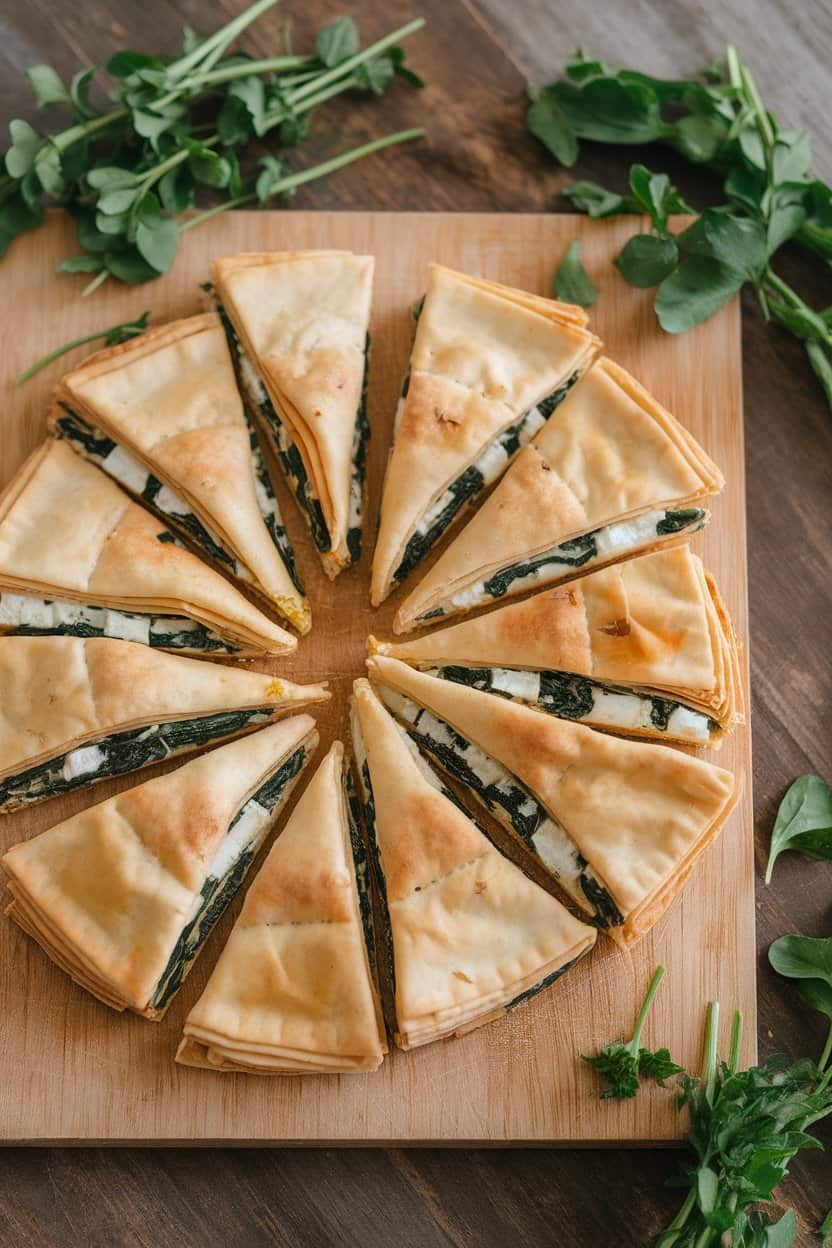 An indoor cutting board displaying triangular slices of golden phyllo packed with spinach and feta, no text or logos.