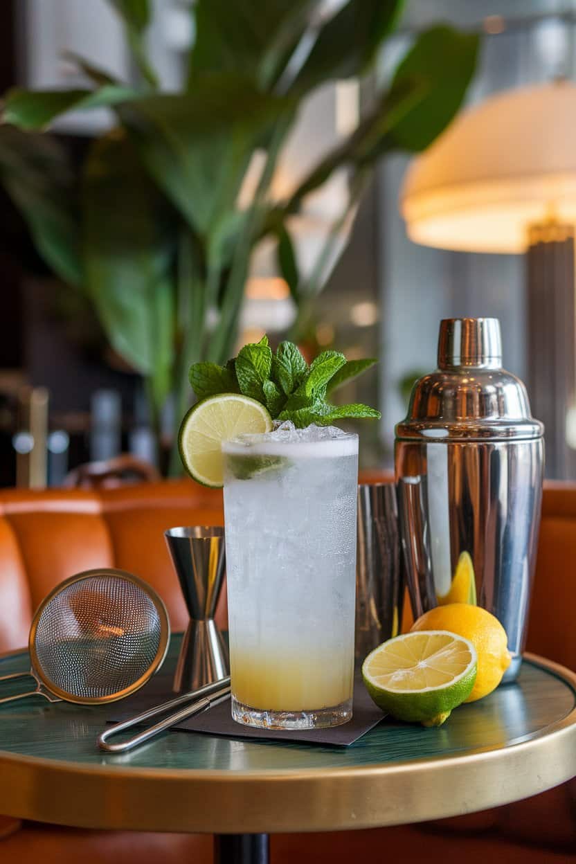 Photo of an indoor lounge table showing a highball glass filled with white opaque drink, crushed ice, mint bouquet, and a lime wheel against the glass; no text or logos