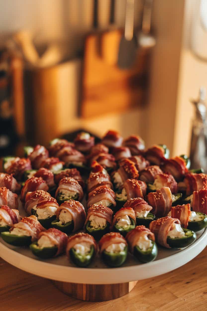 A white platter indoors filled with halved jalapeños stuffed with cream cheese and wrapped in crispy bacon. Warm kitchen lighting, no logos present.