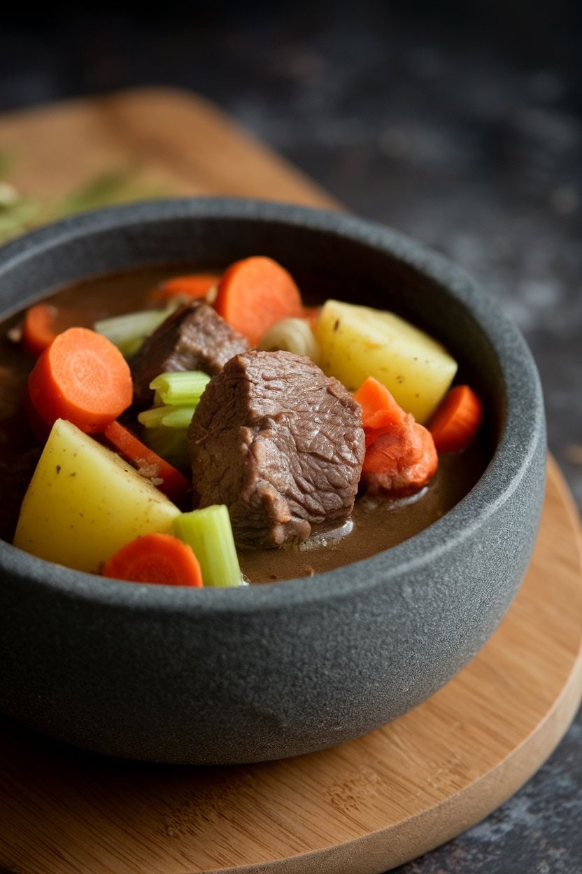 Indoor photo of beef and root-vegetable stew in a dark broth, served in a stone bowl—no text or logos