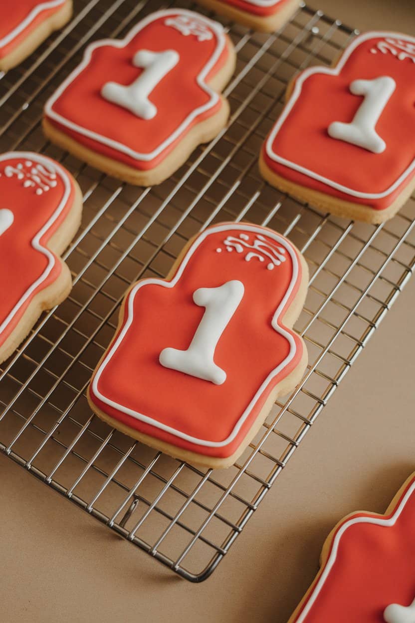Photo of foam-finger-shaped shortbread cookies in bright red icing, “#1” left blank, arranged on a metal cooling rack indoors. No text or logos present.