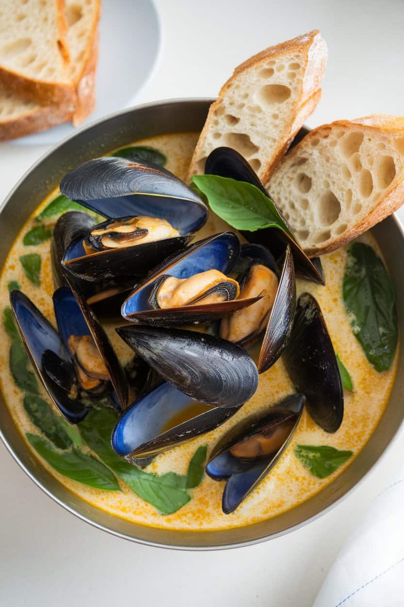 Indoor photo of a deep bowl filled with steamed mussels in a golden coconut curry broth, served with toasted baguette slices on the side. No text or logos.